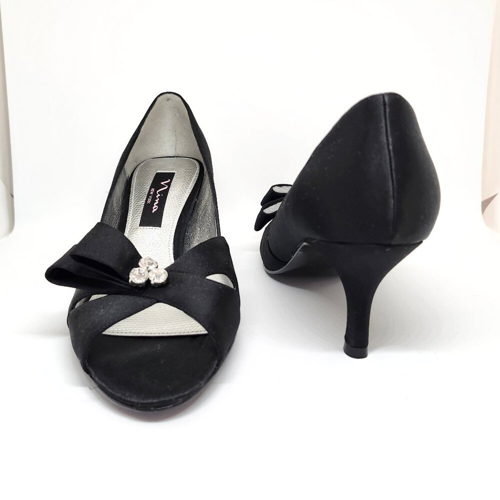 Nina Women's Black Open Toe High-Heel W/Embellished Bow Size 6.5